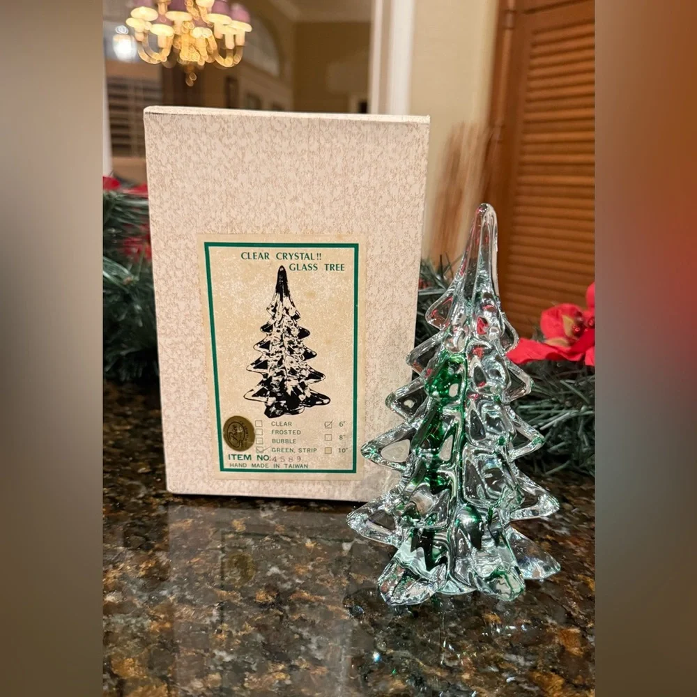 Vintage Price Products Crystal Clear Glass /Green Stripe Christmas Tree 6